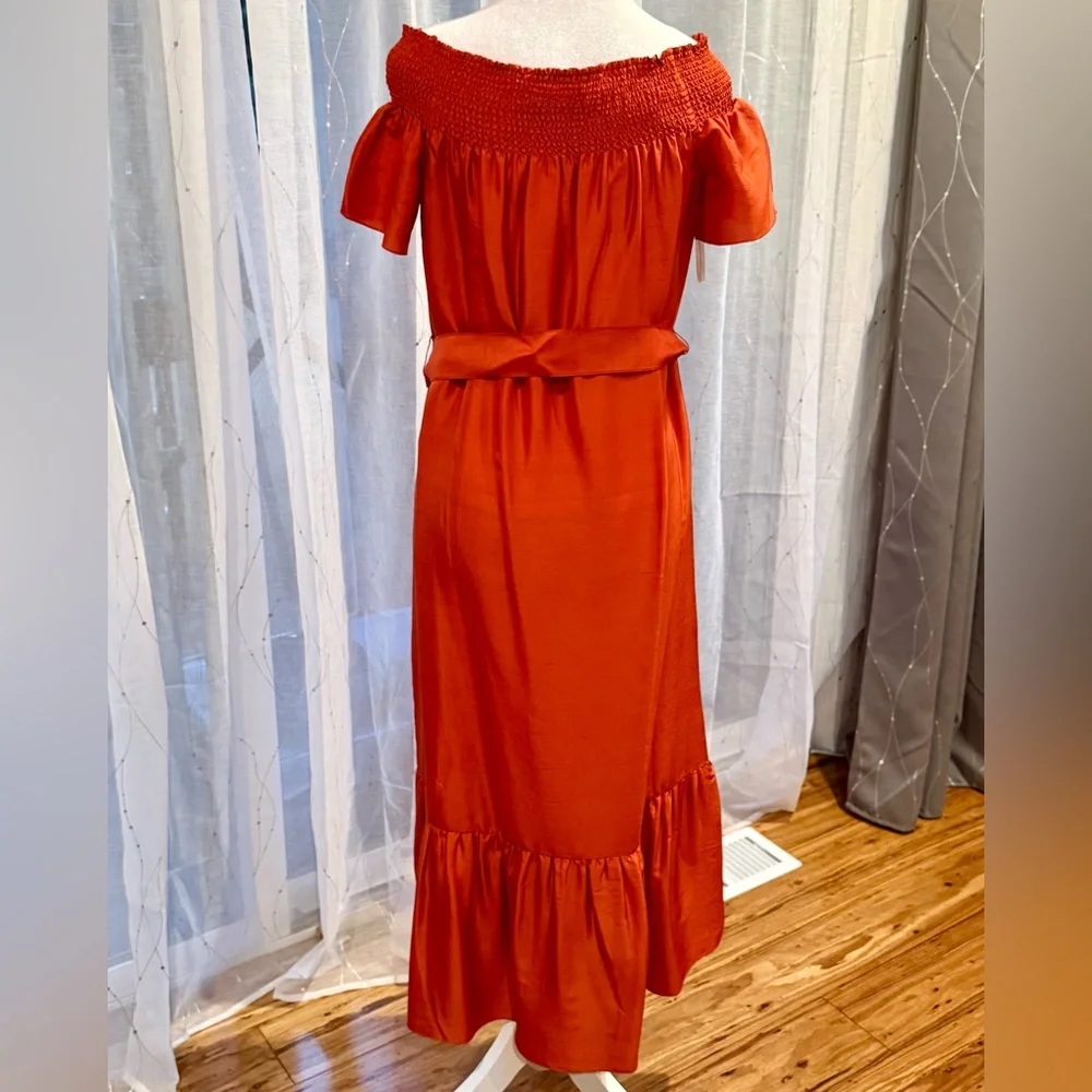 NWT Tory Burch Ramona Silk‎ Off The Shoulder Maxi Dress Red Canyon Size M